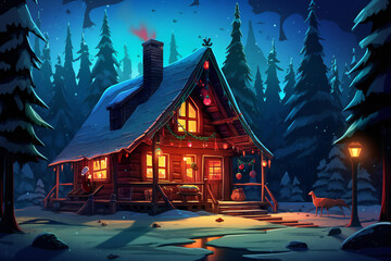 A cabin in the woods, New Year's lights and the Christmas atmosphere.