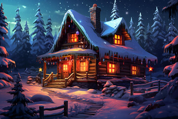 A cabin in the woods, New Year's lights and the Christmas atmosphere.