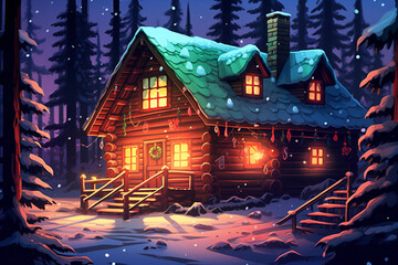 A cabin in the woods, New Year's lights and the Christmas atmosphere.