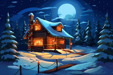 A cabin in the woods, New Year's lights and the Christmas atmosphere.