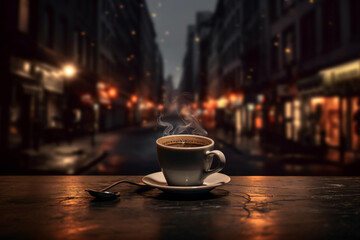 A cup of hot coffee  In the background street lights and many buildings.