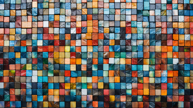 Multicolor rainbow mosaic square tile pattern, tiled background
