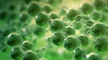 Complex molecular structure with spherical particles. Futuristic technology style. Generative AI. Illustration for banner, poster, cover, brochure or presentation.