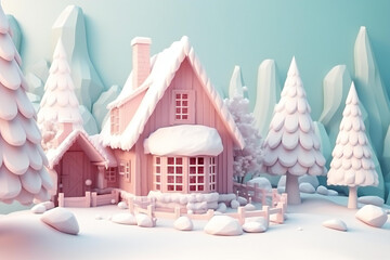 Fantasy christmas cottage, pop up, on the snow, christmas trees, peaceful atmosphere