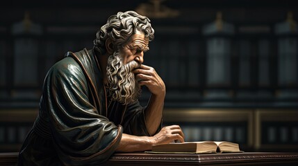 The figure of an elderly man sitting thoughtfully over a book. Greek philosopher. Education and training concept. Illustration for banner, poster, cover, brochure or presentation. - obrazy, fototapety, plakaty