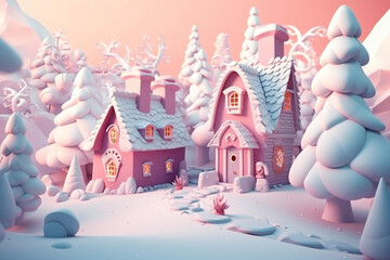 Fantasy christmas cottage, pop up, on the snow, christmas trees, peaceful atmosphere