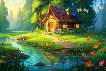 Forest wooden house. Flowers and butterflies around her. Beautiful nature. 