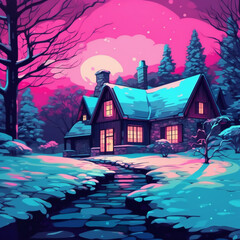 Hd winter pictures of cottages and houses, in the style of light teal and dark pink