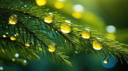 Close-up of a spruce branch with drops after rain. Natural background. The concept of awakening and purity of nature. Illustration for cover, postcard, postcard, banner, poster, brochure, presentation