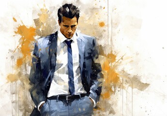 Businessman. The young man is dressed in business style. Success concept. Digital art in watercolor style. Illustration for banner, poster, cover, brochure or presentation.