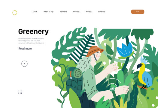 Greenery, ecology -modern flat vector concept illustration of a woman exploring the jungle and a wild bird in a tree. Metaphor of environmental sustainability and protection, closeness to nature