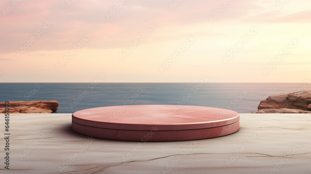 Wall mural round marble platform on ocean sunset background