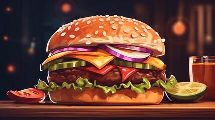 Tasty craft burger with grilled meat, cheese, tomato, vegetables on the black background. Created with Generative AI technology.