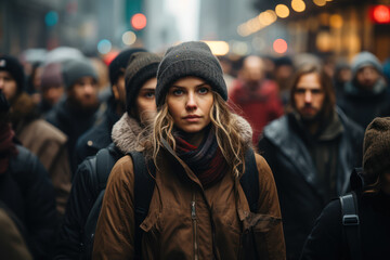 A crowded city street, capturing the hustle and bustle of urban life. Generative Ai.