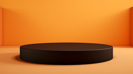 Round black platform mockup on orange background, podium template