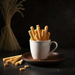 Breadsticks in a cup on black background, breadstick mockup template