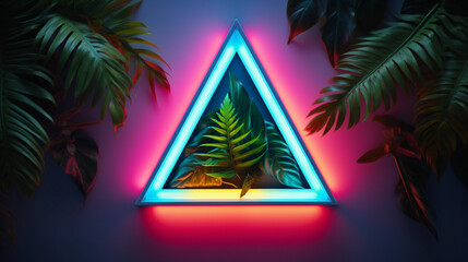Sky blue and yellow neon light triangle on tropical jungle floral background