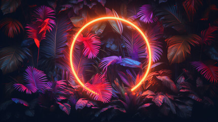 Orange circle neon light, tropical jungle floral background