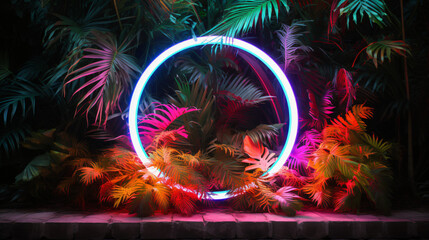 Light blue circle neon light, tropical jungle floral background