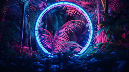 Sky blue and pink ring neon light, tropical jungle floral background - obrazy, fototapety, plakaty