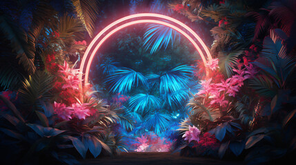 Obraz na płótnie Canvas Bright ring neon light, tropical jungle floral background