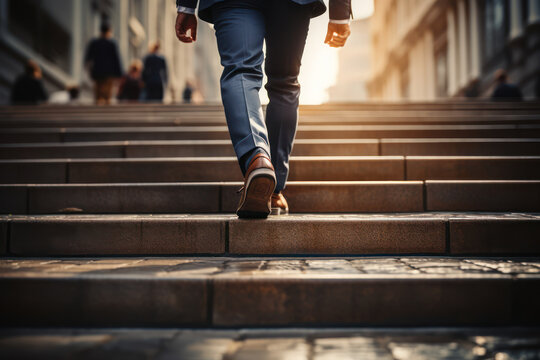 Close-up of a young businessman's feet sprinting up the stairs in an office, symbolizing ambition and progress. Generative Ai.