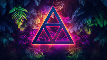 Purple triangles pyramid neon light, tropical jungle floral background