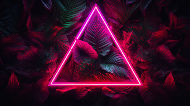 Pink triangle neon light, tropical jungle floral background