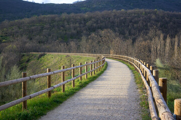 Fototapeta na wymiar Natural path of La Plata Extremadura greenway in horizontal wide curve