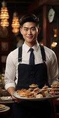 Fototapeta na wymiar Happy male waiter in an Asian restaurant close-up. Generative AI