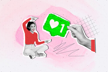 Artwork collage picture of mini black white colors astonished girl point fingers big arm hold like notification isolated on drawing pink background