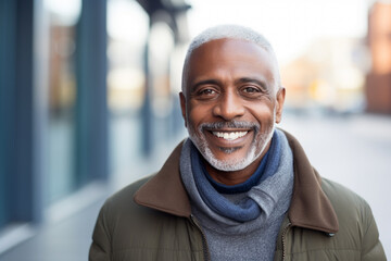 Fototapeta na wymiar Senior african american man with gray hair smiling towards camera outdoors. portrait. High quality photo