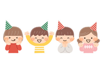 パーティー帽子をかぶって喜ぶ子供達のイラスト素材