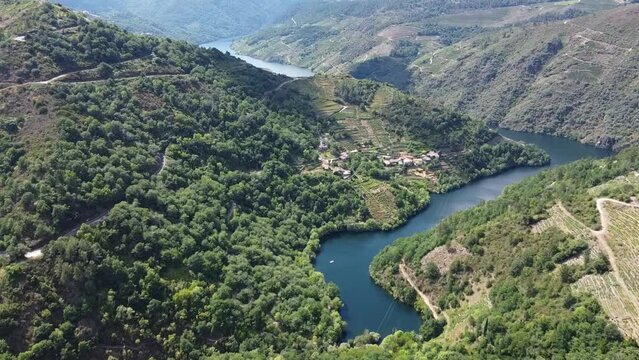 aerial view of the green lush canyons of Ribeira Sacra in Galicia, Northern spain