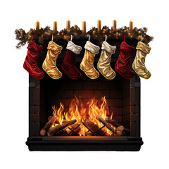 Seven Christmas Stockings Hung  on the Fireplace with Candles and Garland on Mantle, Isolated Clipart  Illustration