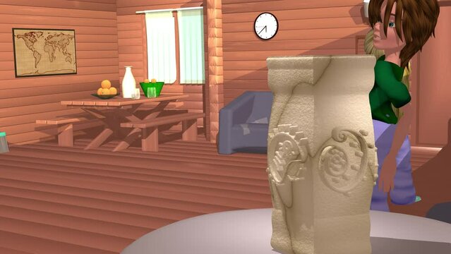 3d animation, two cartoons characters walking the wooden house