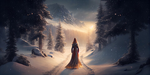 Princess on the path in a fabulous winter evening snowy forest, view from the back. Generative AI
