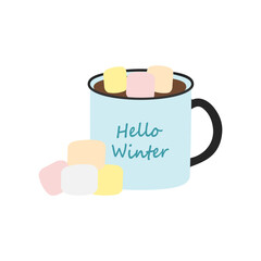 Mug with lettering Hello winter, warm drink and marshmallow cubes in trendy seasonal soft shades 
