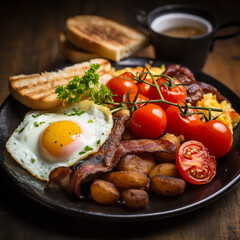 English Breakfast with Toast, Fried Egg and Tomatoes on a Plate, Close-Up