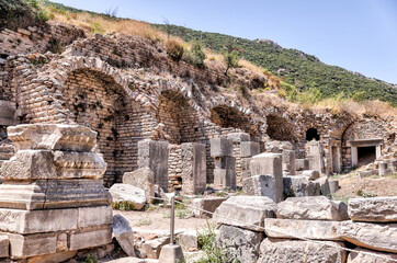 Fototapeta na wymiar Ephesus, Turkey - July 24, 2023: Sights and architectural details of the ruins at Ephesus Turkey 