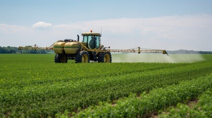 A Spring Soybean Field Being Sprayed with Pesticides by Tractor