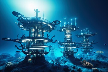 A futuristic city underwater at the bottom of the ocean.