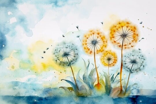 Fototapeta A dandelion blowball meadow in a watercolor style.