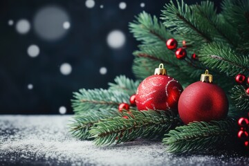 Fototapeta na wymiar Christmas or New Year decoration background: fir branches, colorful glass balls on dark grunge background.