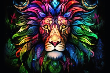 Obraz premium A stained glass lion on a dark background.