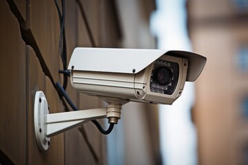 A surveillance camera on a wall.