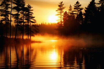 A sunrise in a misty forest area.