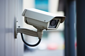A surveillance camera on a wall.