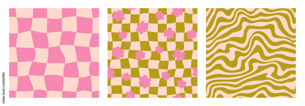 Aufkleber Groovy seamless background set. Repeating retro wave, daisies and checkered pattern collection. Vintage psychedelic checkerboard wallpapers. Distorted pink and green backdrop in 60s, 70s style. Vector
