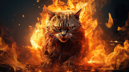 Illustration angry cat with red eyes in flames background